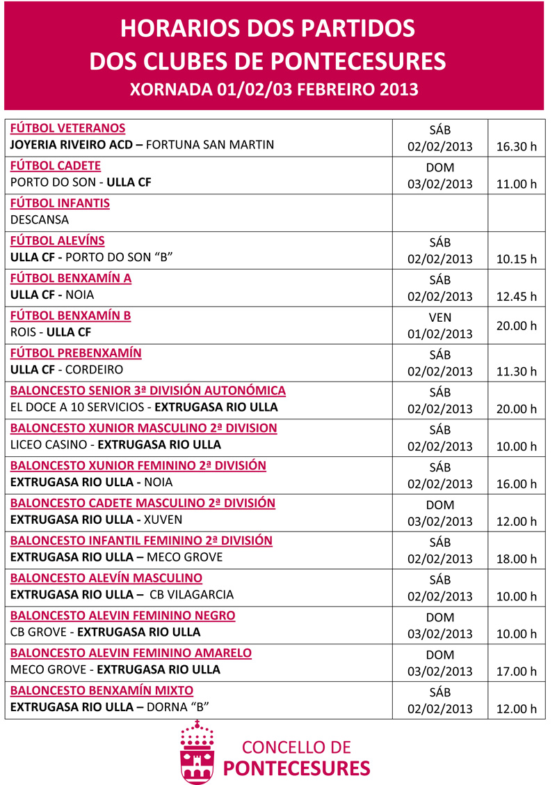 HORARIOS DOS PARTIDOS DOS CLUBES DE PONTECESURES